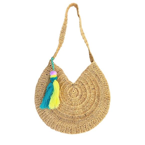 Straw Bag Beach Boho Chic Shoulder Bag with Tassels - Picture 1 of 2